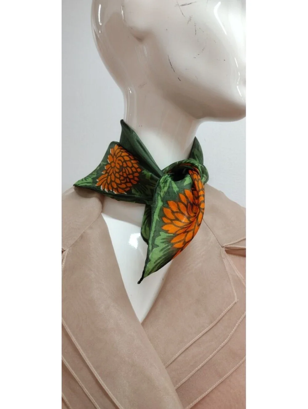 Vintage 40s Orange Floral Handkerchief Fine Silk Neck Scarf 1940s Colors Green